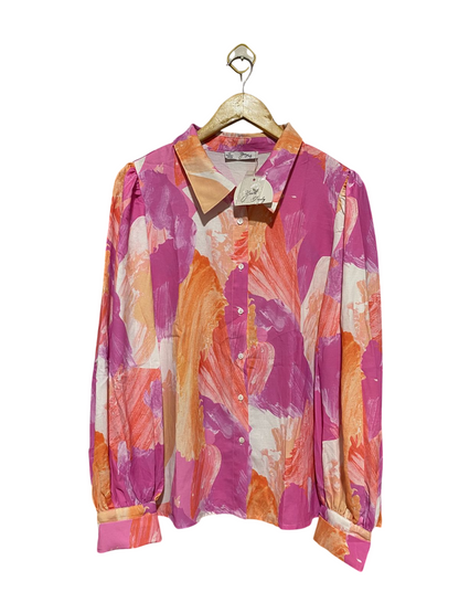 YOURS HANDY |L| BUST 21| B42| MULTICOLOR PINK ORANGE ABSTRACT BRUSHSTROKE LONG SLEEVE BUTTON UP SHIRT BLOUSE