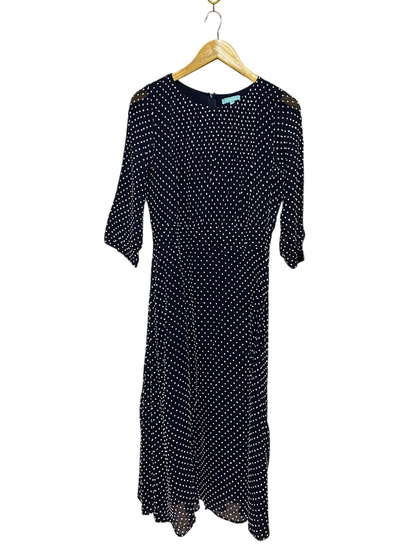BLUE ILLUSION |S| BUST 17| B42| NAVY BLUE WHITE POLKA DOT 3/4 SLEEVE MIDI DRESS