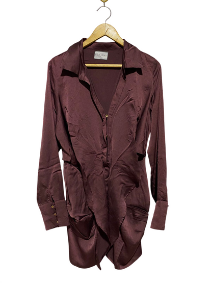 RUNAWAY |M| BUST 17| B42| DEEP BURGUNDY MAROON SATIN RUFFLED LONG SLEEVE SHIRT DRESS