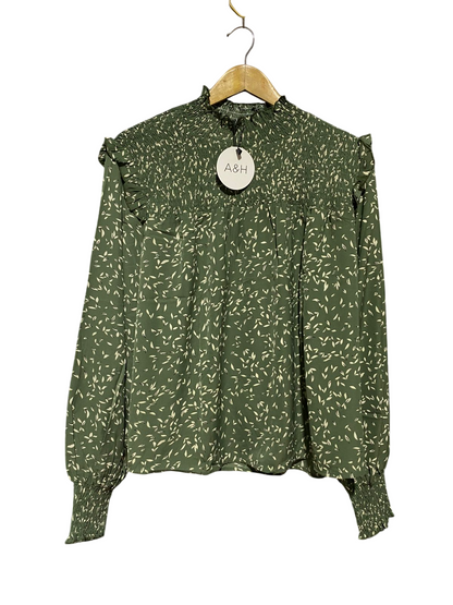 ATMOS & HERE |L| BUST 25| B42| OLIVE GREEN FLORAL LEAF PRINT SMOCKED MOCK NECK LONG SLEEVE BLOUSE TOP