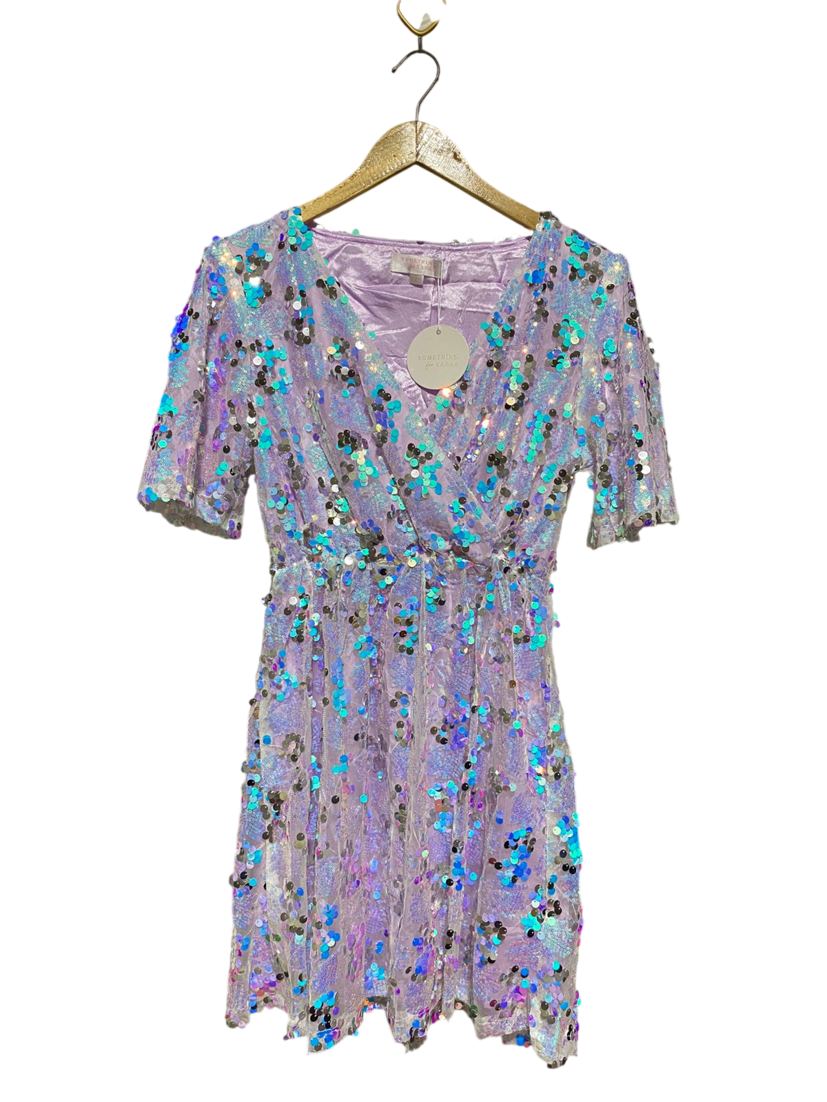 SOME THING SARAH |M| BUST 17| B42| PURPLE SEQUIN SURPLICE FAUX WRAP PARTY MINI DRESS