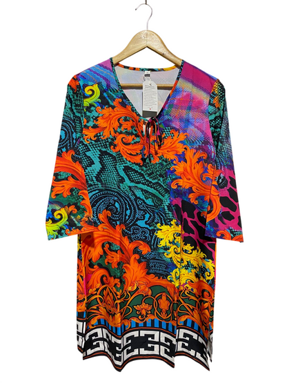 |M| BUST 19| B42| MULTICOLOR BAROQUE SNAKESKIN PRINT V-NECK 3/4 SLEEVE TUNIC DRESS BLOUSE