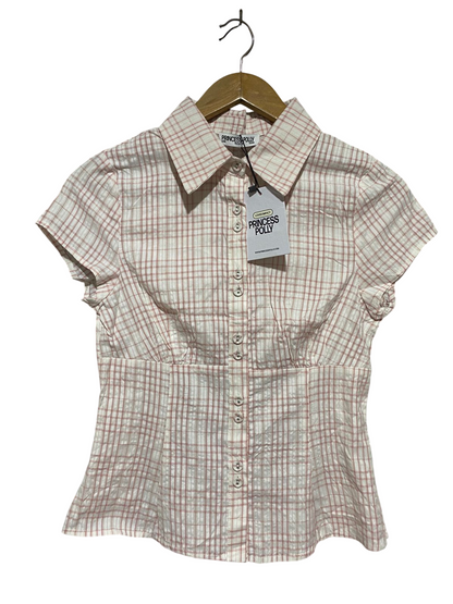 PRINCESS POLLY |M| BUST 16| B42| PINK PLAID SHORT SLEEVE CORSET WAIST BUTTON UP BLOUSE TOP