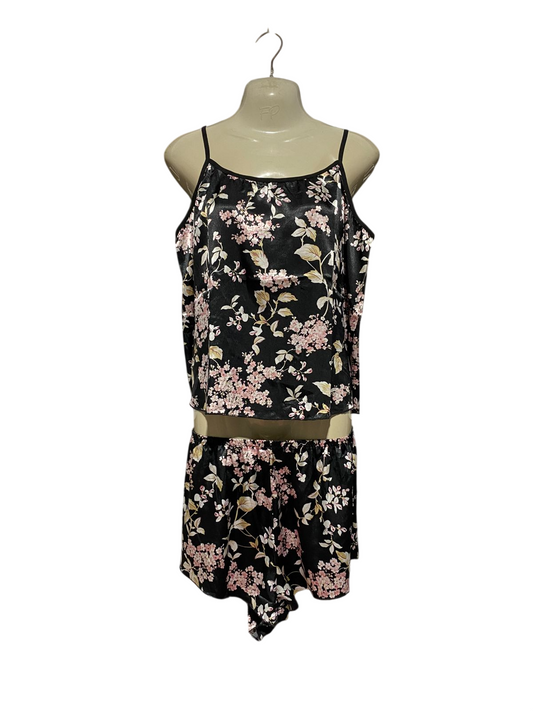 |XL| B42| ELEGANT BLACK FLORAL SATIN SLEEPWEAR SET