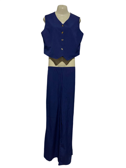 |XL| B42| NAVY BLUE BUTTON-UP VEST AND WIDE-LEG TROUSERS TWO-PIECE SET