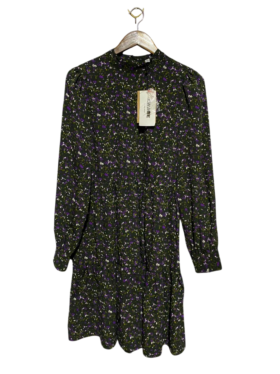 AWARE |M| BUST 19| B42| NEWAGE BLACK FLORAL MOCK NECK TIERED LONG SLEEVE DRESS