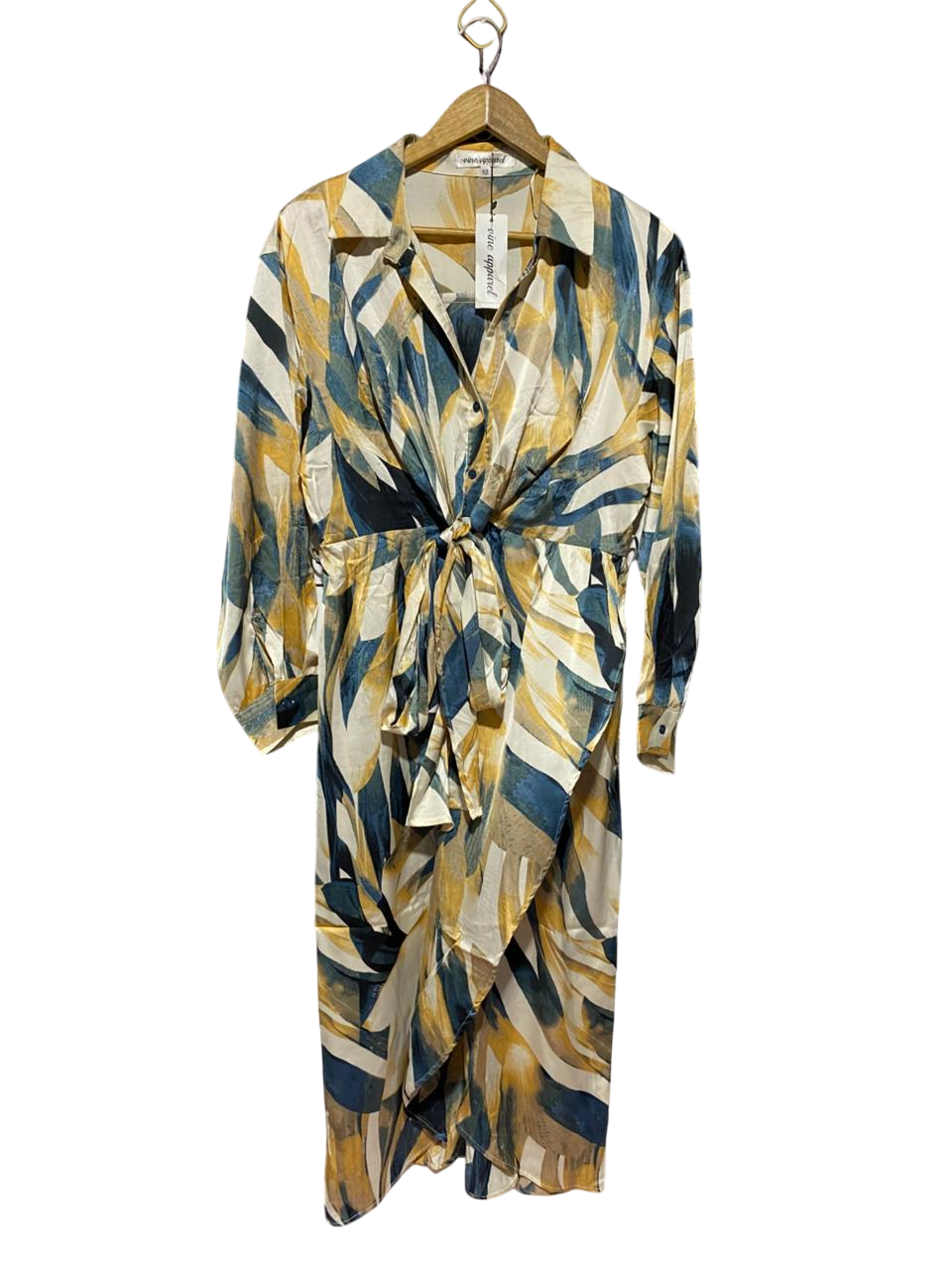 VINE APPAREL |M| BUST 18| B42| ABSTRACT TROPICAL LEAF PRINT FRONT-TIE SHIRT DRESS