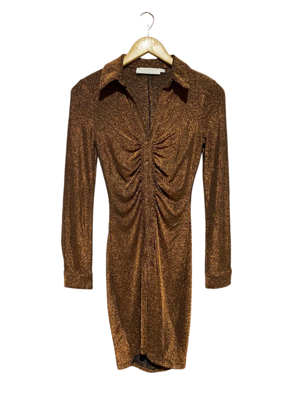 ASTR |S| BUST 15| B42| BRONZE METALLIC SHIMMER RUCHED LONG SLEEVE MINI DRESS