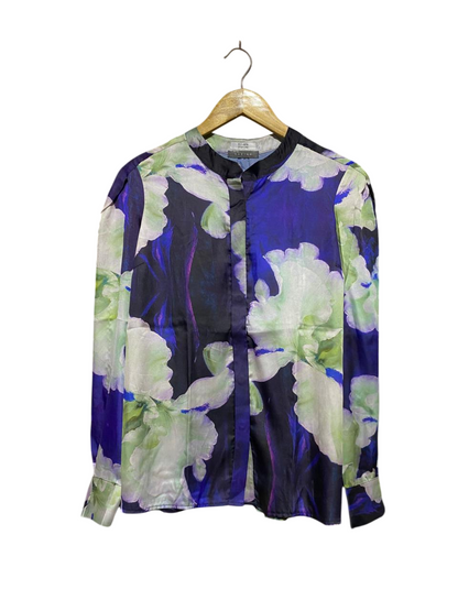 SHEIKE |L| BUST 20| B42| LUXURY BLUE AND PURPLE FLORAL SILKY LONG SLEEVE BUTTON-UP BLOUSE