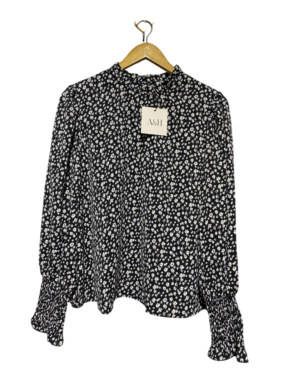 ATMOS & HERE |L| BUST 20| B42| BLACK AND WHITE DITSY FLORAL MOCK NECK LONG SLEEVE BLOUSE