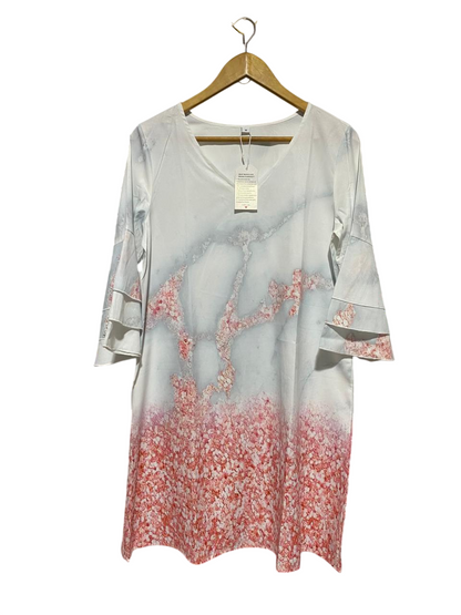 MODE WITH  |L| BUST 19| B42| WHITE MARBLE AND CHERRY BLOSSOM PRINT V-NECK MID-SLEEVE TUNIC DRESS