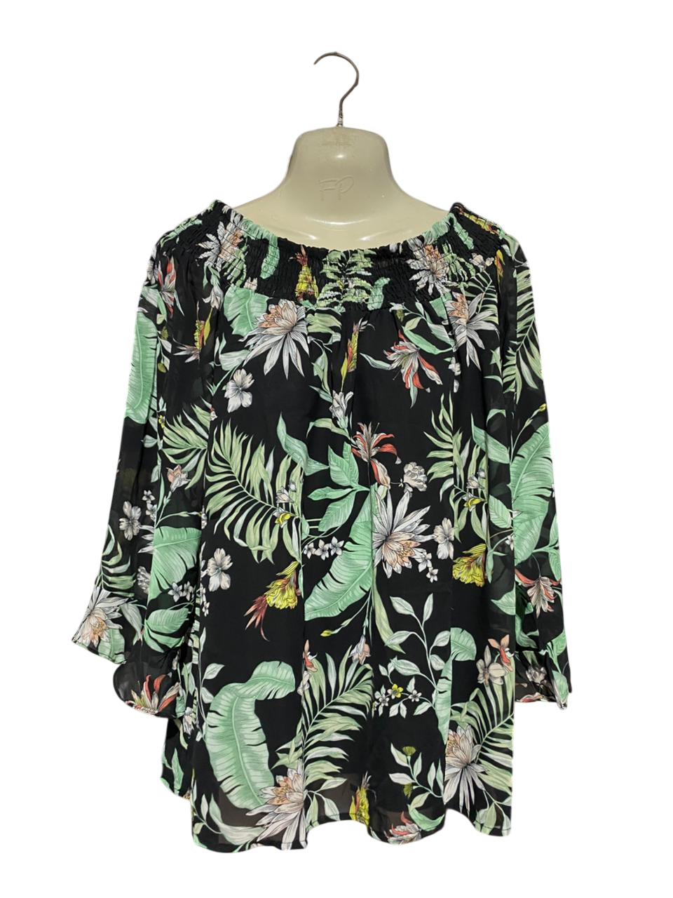 ROCKMANS |L| BUST 20| B42| BLACK TROPICAL LEAF AND FLORAL PRINT SMOCKED NECKLINE BLOUSE