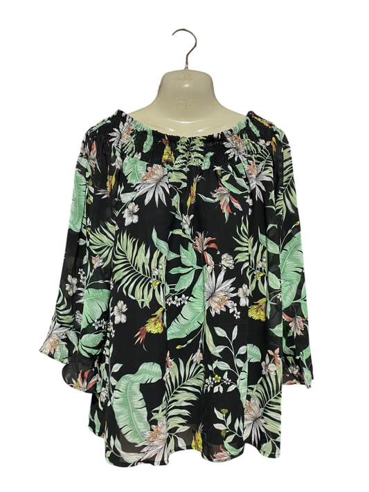 ROCKMANS |L| BUST 20| B42| BLACK TROPICAL LEAF AND FLORAL PRINT SMOCKED NECKLINE BLOUSE
