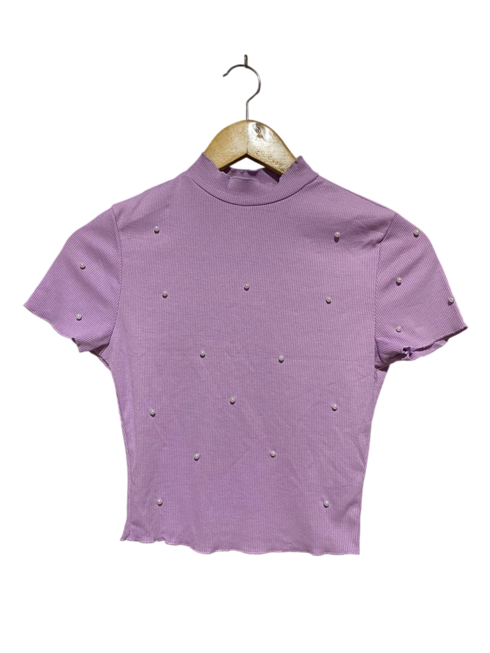 SHEIN |XS| BUST 14| B42| LAVENDER PEARL EMBELLISHED MOCK NECK SHORT SLEEVE TOP