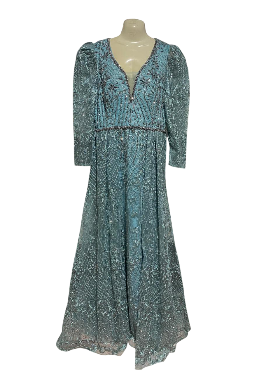 KIMIA |L| BUST 19| B42| LUXURY EMBELLISHED AQUA BLUE LONG SLEEVE MAXI GOWN