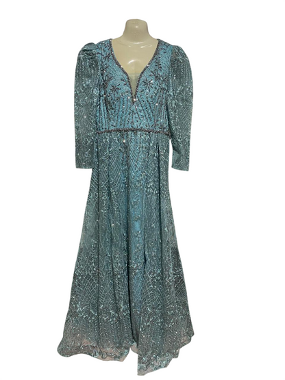 KIMIA |L| BUST 19| B42| LUXURY EMBELLISHED AQUA BLUE LONG SLEEVE MAXI GOWN