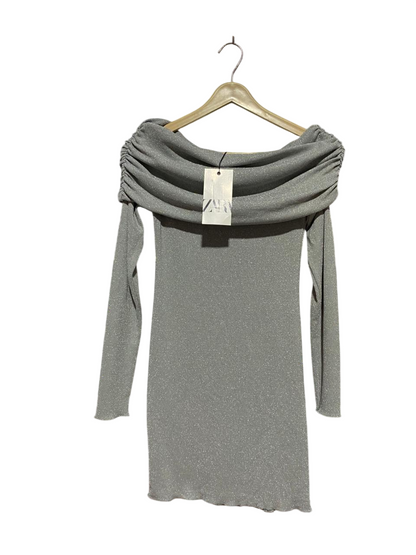 ZARA |M| BUST 13| B42| SHIMMER GREY OFF-SHOULDER LONG SLEEVE BODYCON DRESS