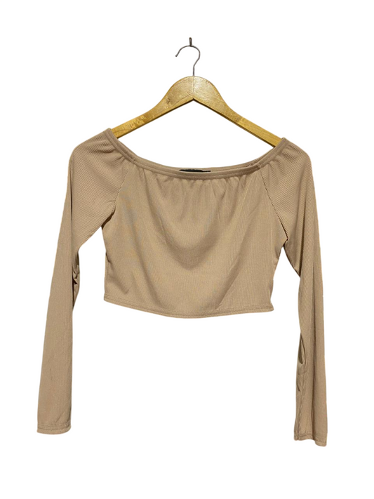 PRETTYLITTLE THING |M| BUST 16| B42| BEIGE RIBBED OFF-SHOULDER LONG SLEEVE CROP TOP