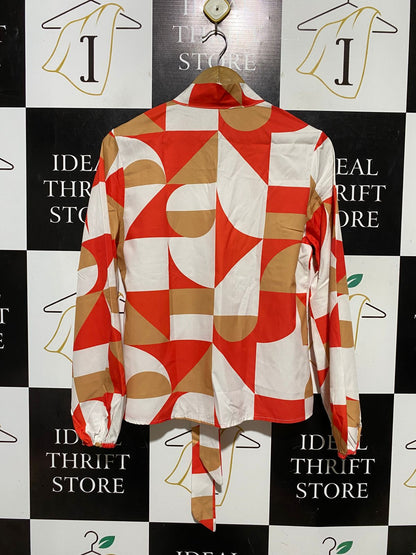 |M| BUST 19| B40| GEOMETRIC ABSTRACT PRINT LONG SLEEVE BLOUSE WITH PUSSY BOW TIE NECKLINE