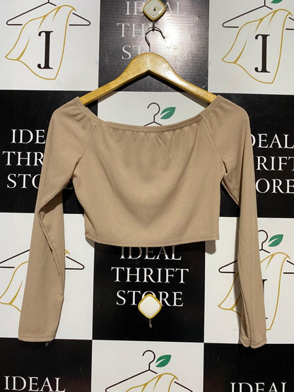 PRETTYLITTLE THING |M| BUST 16| B42| BEIGE RIBBED OFF-SHOULDER LONG SLEEVE CROP TOP
