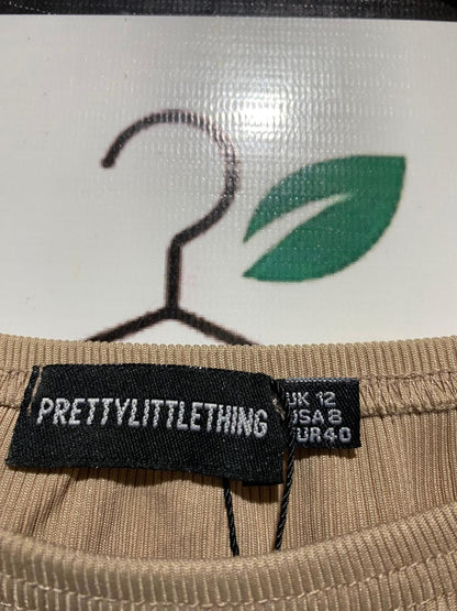 PRETTYLITTLE THING |M| BUST 16| B42| BEIGE RIBBED OFF-SHOULDER LONG SLEEVE CROP TOP