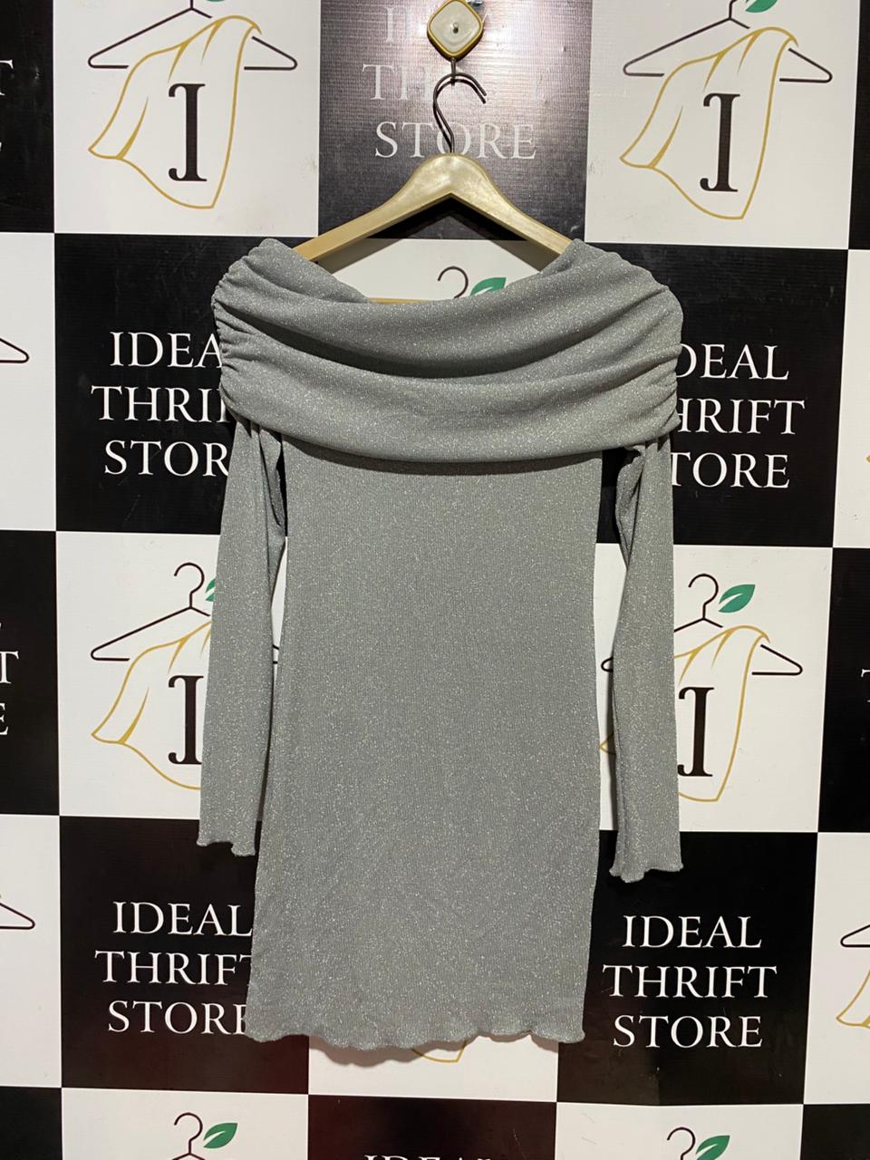 ZARA |M| BUST 13| B42| SHIMMER GREY OFF-SHOULDER LONG SLEEVE BODYCON DRESS