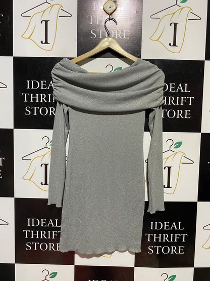 ZARA |M| BUST 13| B42| SHIMMER GREY OFF-SHOULDER LONG SLEEVE BODYCON DRESS