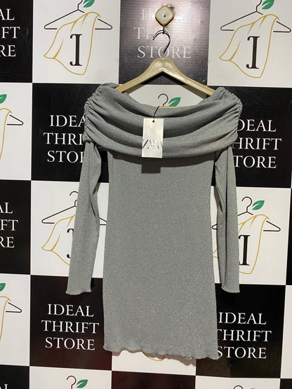 ZARA |M| BUST 13| B42| SHIMMER GREY OFF-SHOULDER LONG SLEEVE BODYCON DRESS