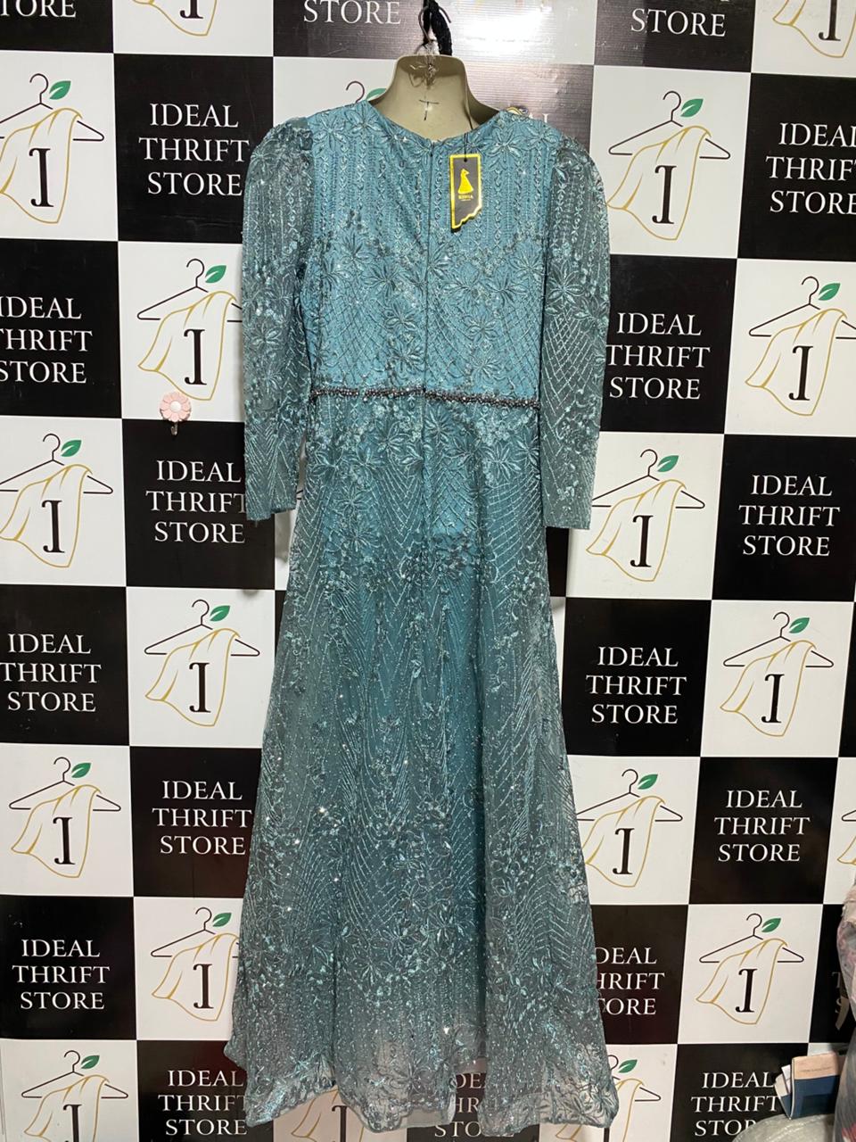 KIMIA |L| BUST 19| B42| LUXURY EMBELLISHED AQUA BLUE LONG SLEEVE MAXI GOWN