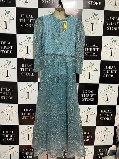 KIMIA |L| BUST 19| B42| LUXURY EMBELLISHED AQUA BLUE LONG SLEEVE MAXI GOWN