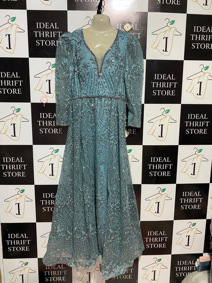 KIMIA |L| BUST 19| B42| LUXURY EMBELLISHED AQUA BLUE LONG SLEEVE MAXI GOWN