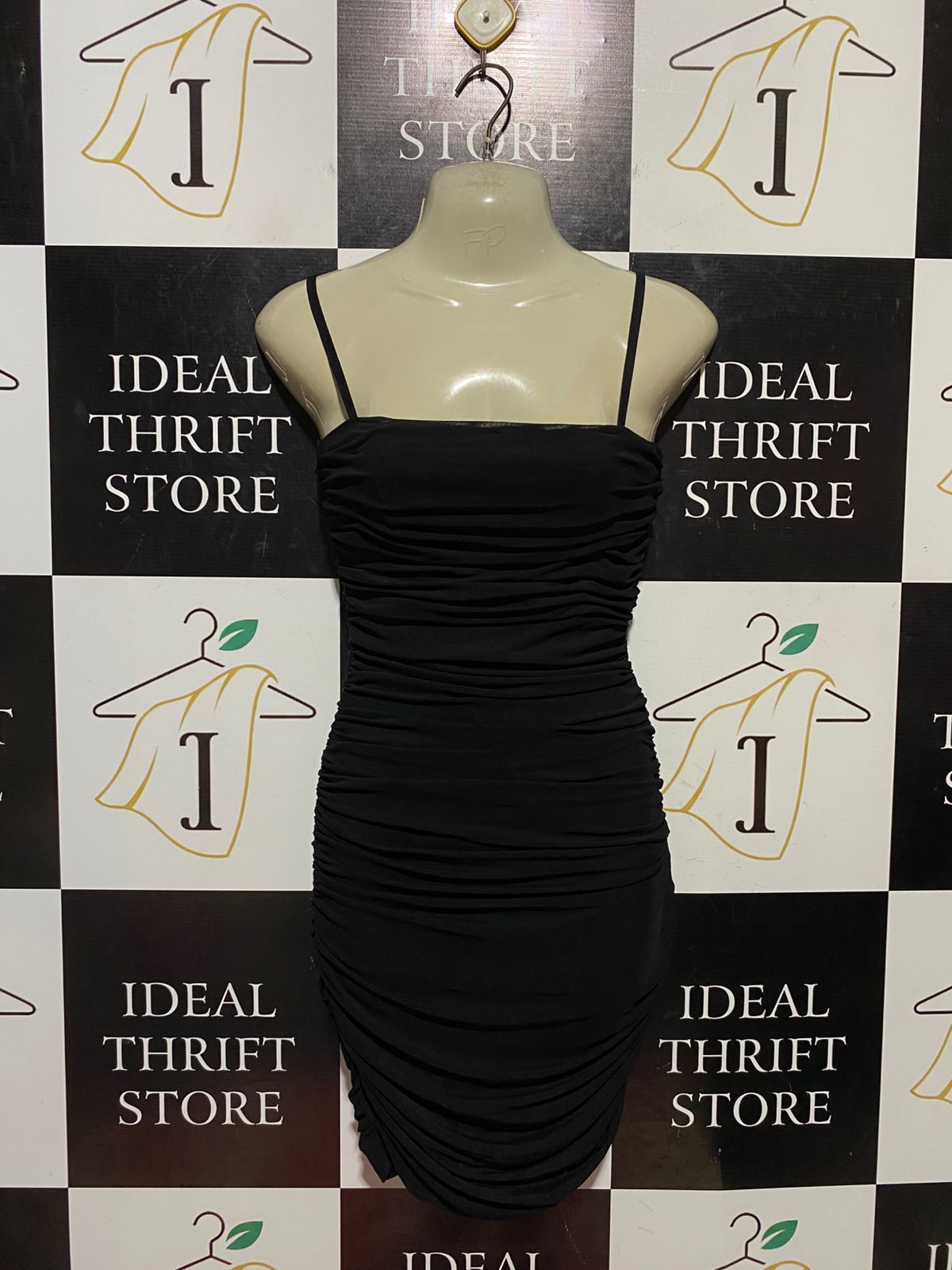 BLOSSOM |M| BUST 16| B42| BLACK RUCHED SPAGHETTI STRAP BODYCON MINI DRESS