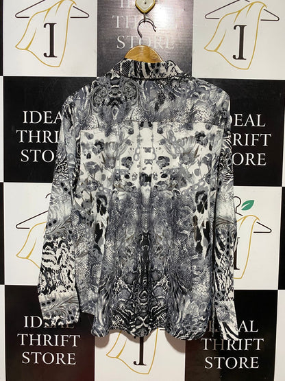 LIZ JORDAN |L| BUST 21| B42| MONOCHROME ANIMAL AND FLORAL PRINT LONG SLEEVE BUTTON-UP SHIRT