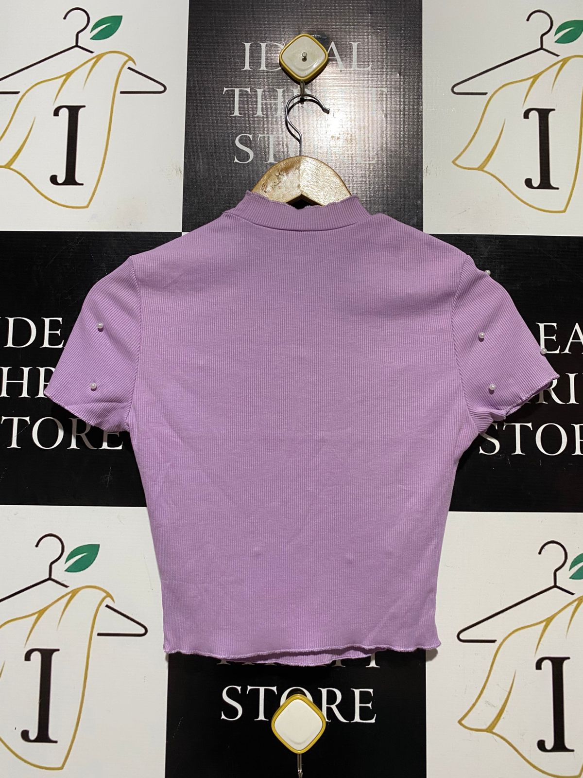SHEIN |XS| BUST 14| B42| LAVENDER PEARL EMBELLISHED MOCK NECK SHORT SLEEVE TOP