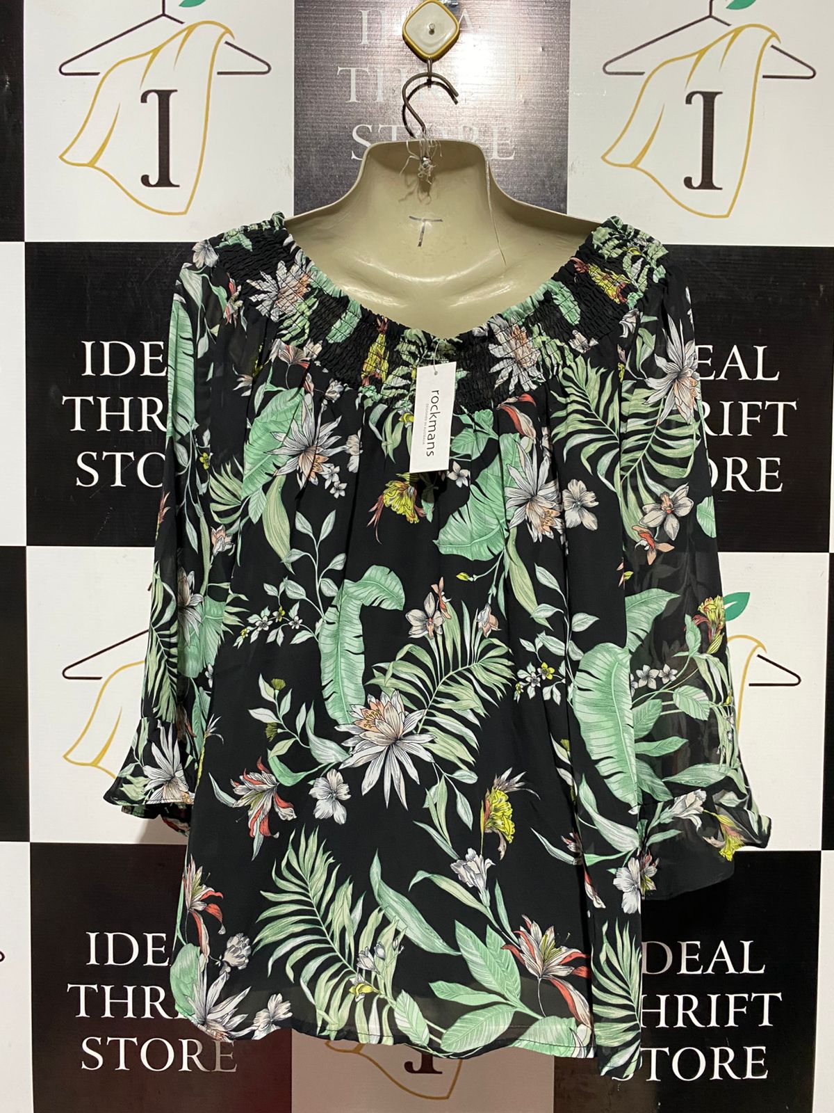 ROCKMANS |L| BUST 20| B42| BLACK TROPICAL LEAF AND FLORAL PRINT SMOCKED NECKLINE BLOUSE