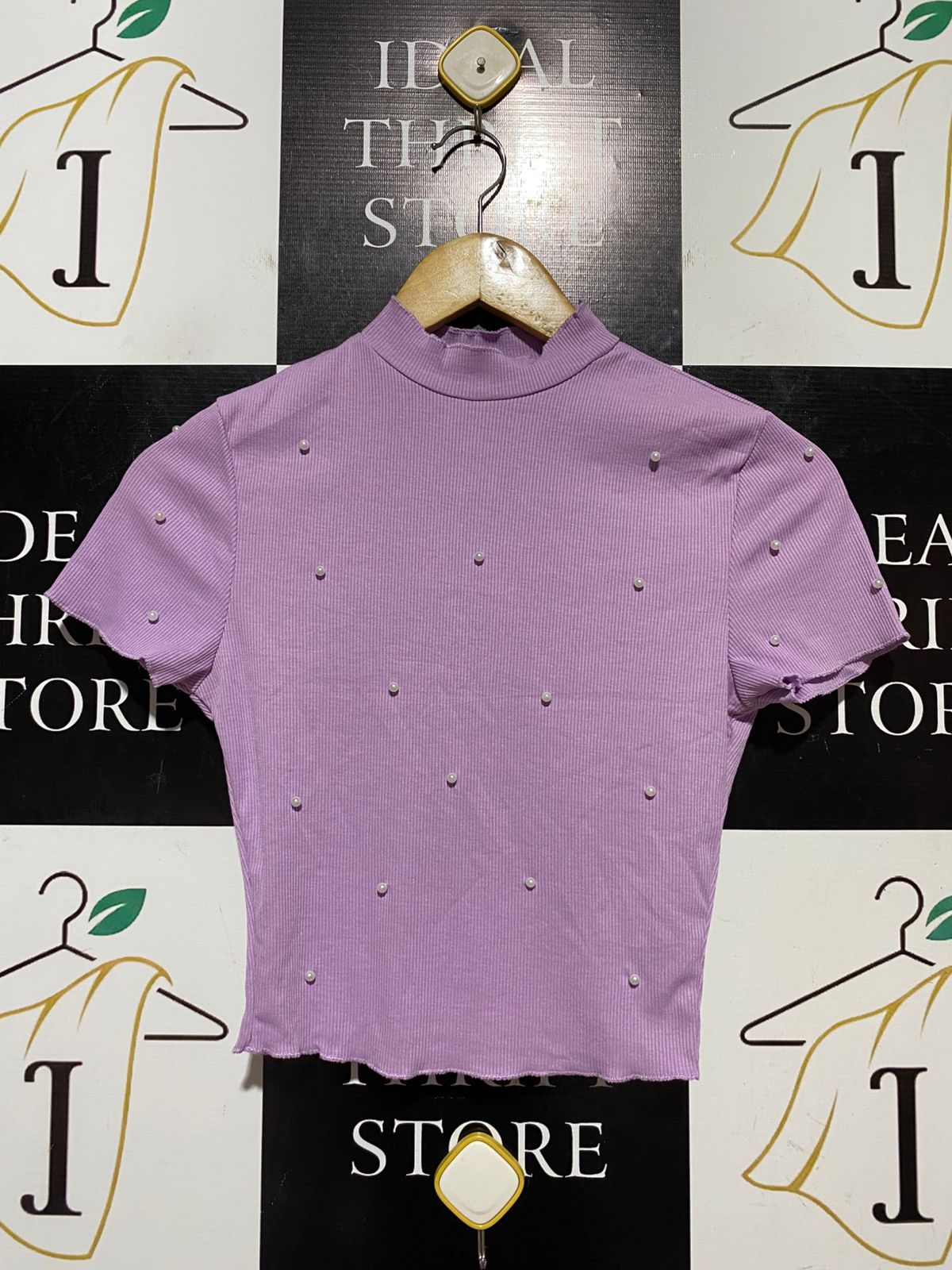SHEIN |XS| BUST 14| B42| LAVENDER PEARL EMBELLISHED MOCK NECK SHORT SLEEVE TOP