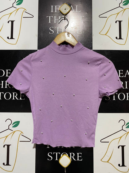 SHEIN |XS| BUST 14| B42| LAVENDER PEARL EMBELLISHED MOCK NECK SHORT SLEEVE TOP