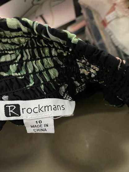 ROCKMANS |L| BUST 20| B42| BLACK TROPICAL LEAF AND FLORAL PRINT SMOCKED NECKLINE BLOUSE