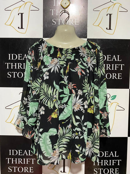 ROCKMANS |L| BUST 20| B42| BLACK TROPICAL LEAF AND FLORAL PRINT SMOCKED NECKLINE BLOUSE