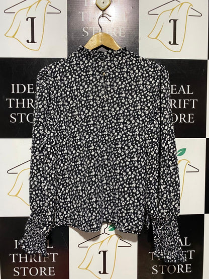 ATMOS & HERE |L| BUST 20| B42| BLACK AND WHITE DITSY FLORAL MOCK NECK LONG SLEEVE BLOUSE