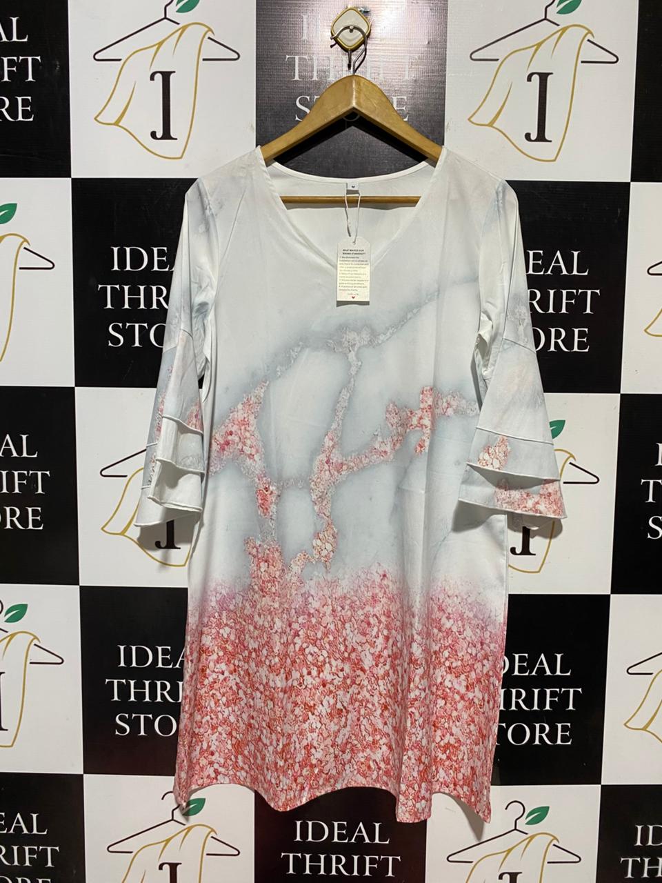 MODE WITH  |L| BUST 19| B42| WHITE MARBLE AND CHERRY BLOSSOM PRINT V-NECK MID-SLEEVE TUNIC DRESS