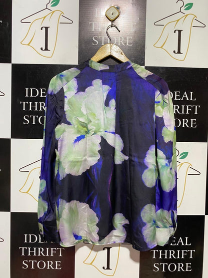 SHEIKE |L| BUST 20| B42| LUXURY BLUE AND PURPLE FLORAL SILKY LONG SLEEVE BUTTON-UP BLOUSE