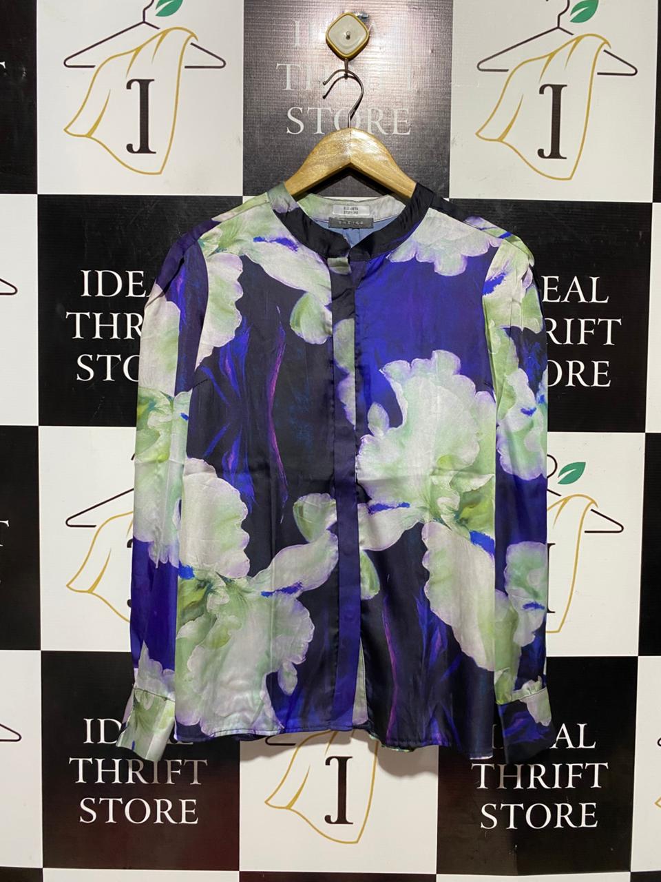 SHEIKE |L| BUST 20| B42| LUXURY BLUE AND PURPLE FLORAL SILKY LONG SLEEVE BUTTON-UP BLOUSE