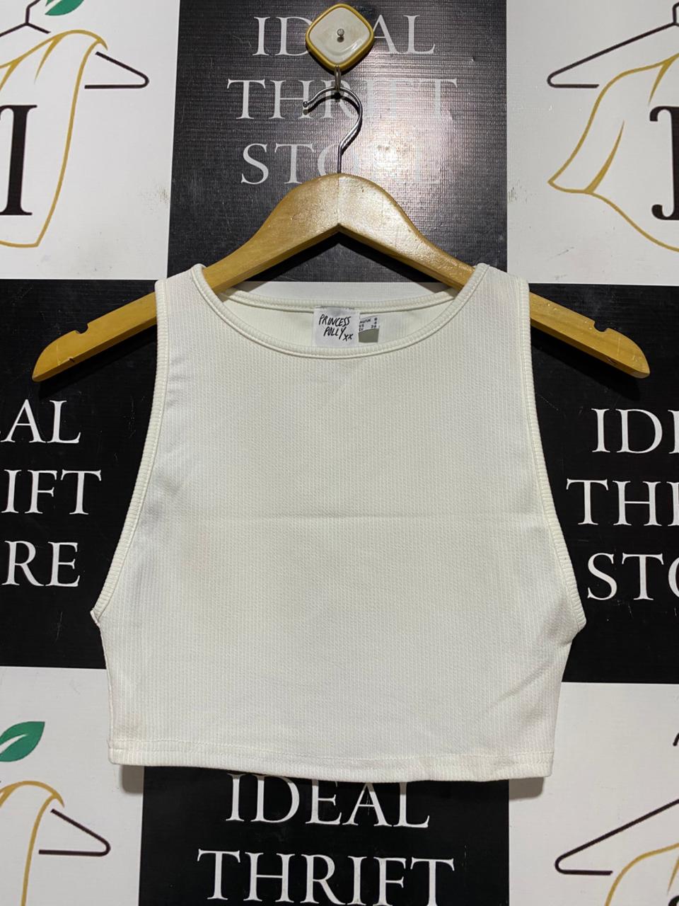 PRINCESS POLLY |S| BUST 13| B42| WHITE RIBBED SLEEVELESS CROP TANK TOP