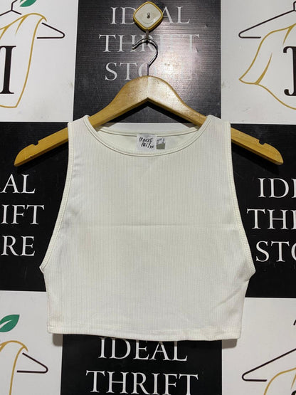PRINCESS POLLY |S| BUST 13| B42| WHITE RIBBED SLEEVELESS CROP TANK TOP