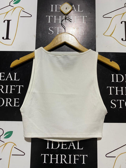 PRINCESS POLLY |S| BUST 13| B42| WHITE RIBBED SLEEVELESS CROP TANK TOP
