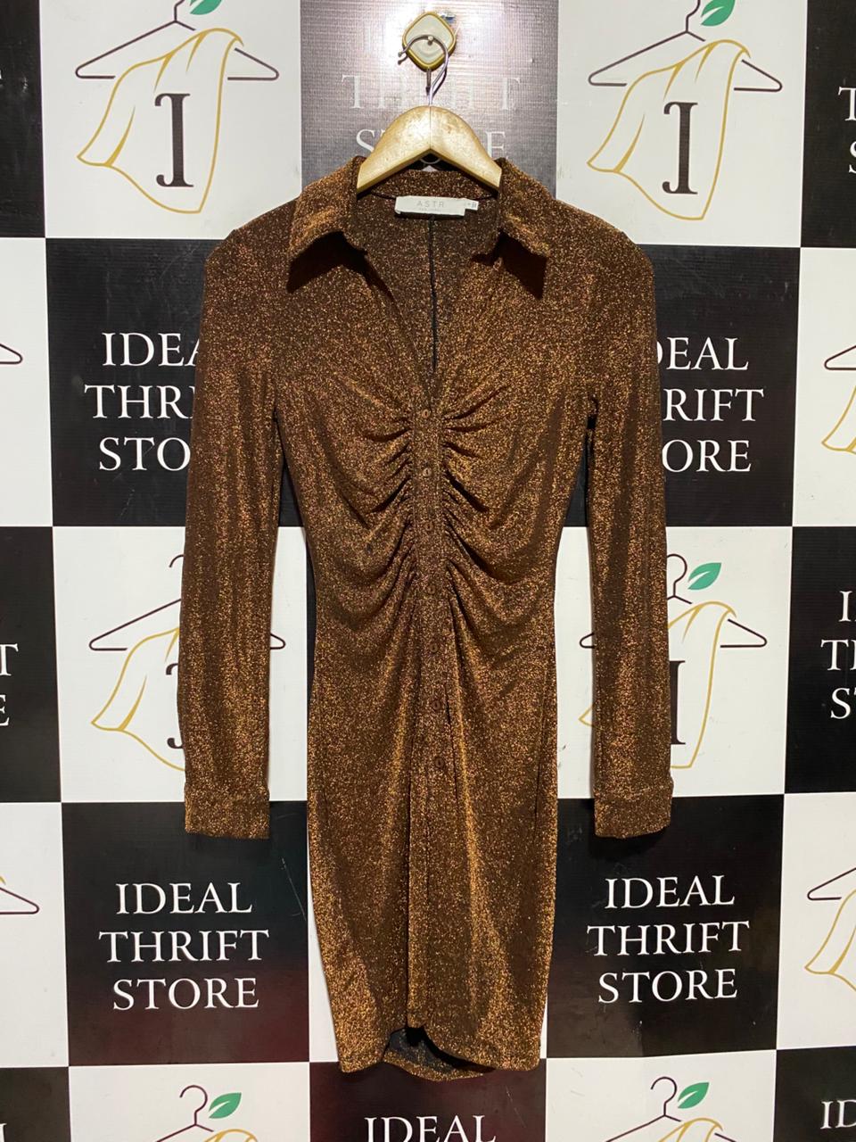 ASTR |S| BUST 15| B42| BRONZE METALLIC SHIMMER RUCHED LONG SLEEVE MINI DRESS