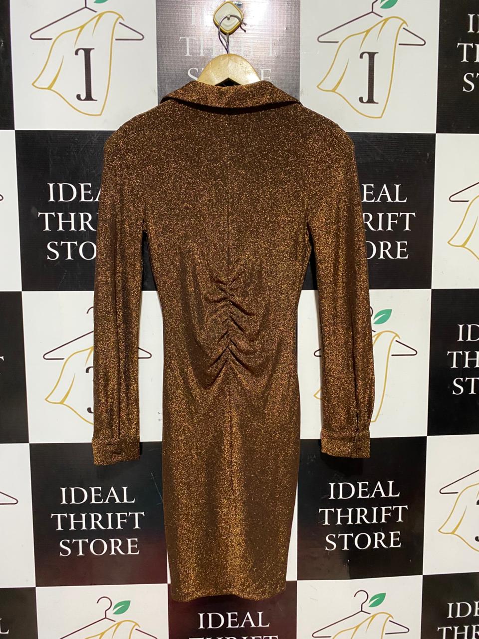 ASTR |S| BUST 15| B42| BRONZE METALLIC SHIMMER RUCHED LONG SLEEVE MINI DRESS