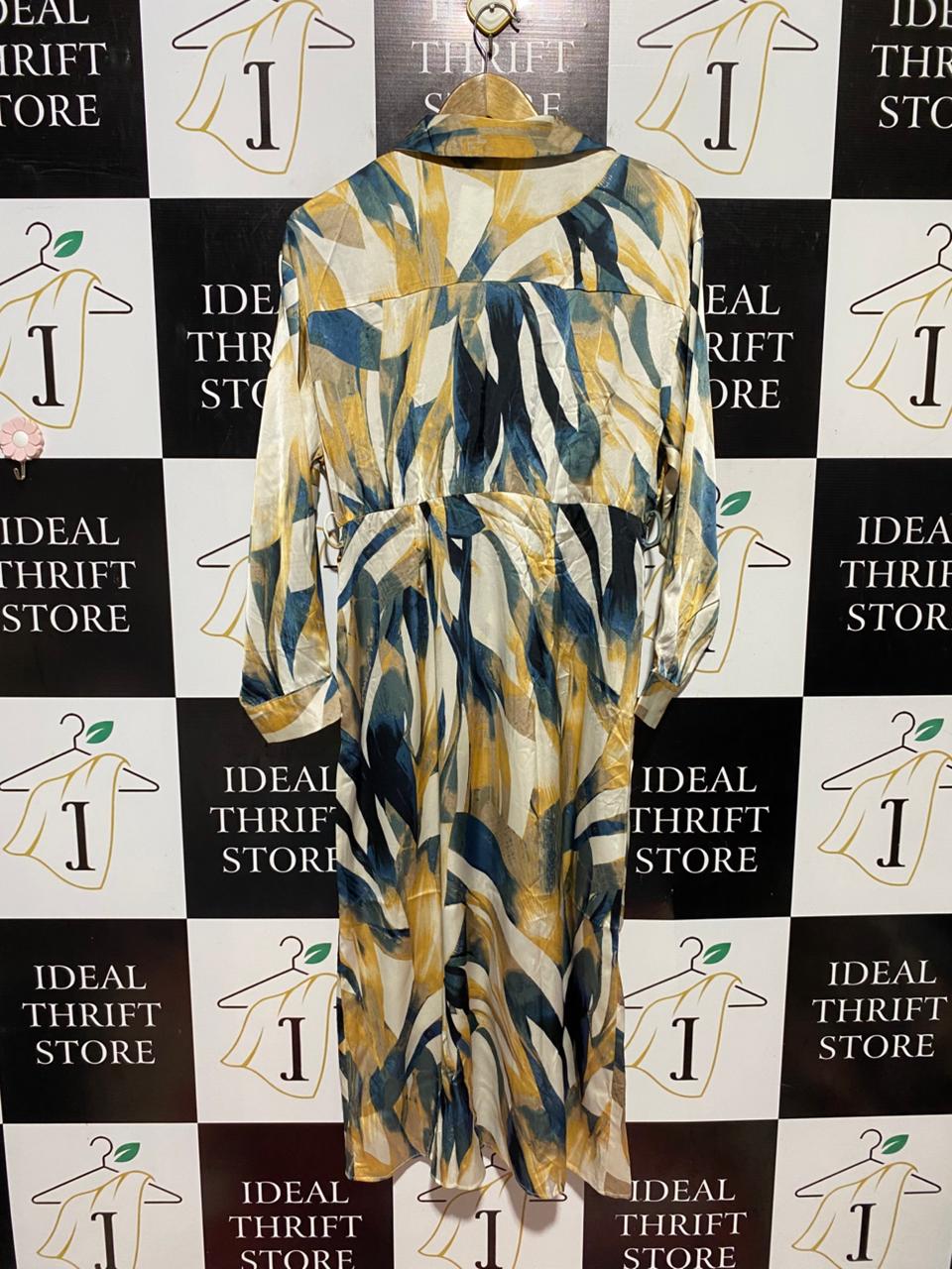 VINE APPAREL |M| BUST 18| B42| ABSTRACT TROPICAL LEAF PRINT FRONT-TIE SHIRT DRESS