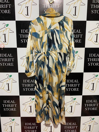 VINE APPAREL |M| BUST 18| B42| ABSTRACT TROPICAL LEAF PRINT FRONT-TIE SHIRT DRESS